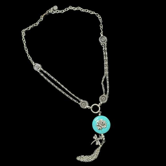 Silver Tone Faux Turquoise Tassel Flower Dragonfly Necklace - Picture 2 of 4